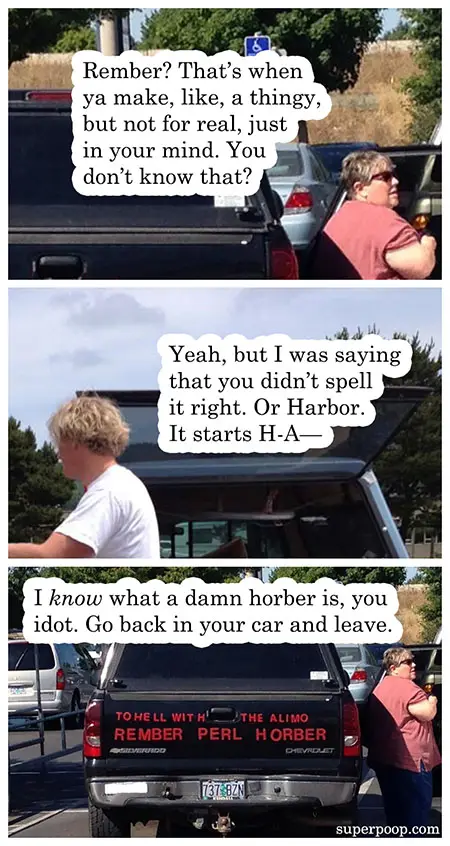A three-panel meme shows a woman in a pink shirt confronting a young man at a parking lot. In the first panel, she asks if…