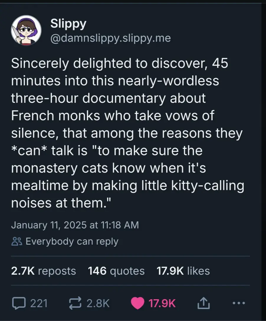 A screenshot of a tweet by user 'Slippy' showing a dark-mode interface with white text. The tweet humorously recounts…