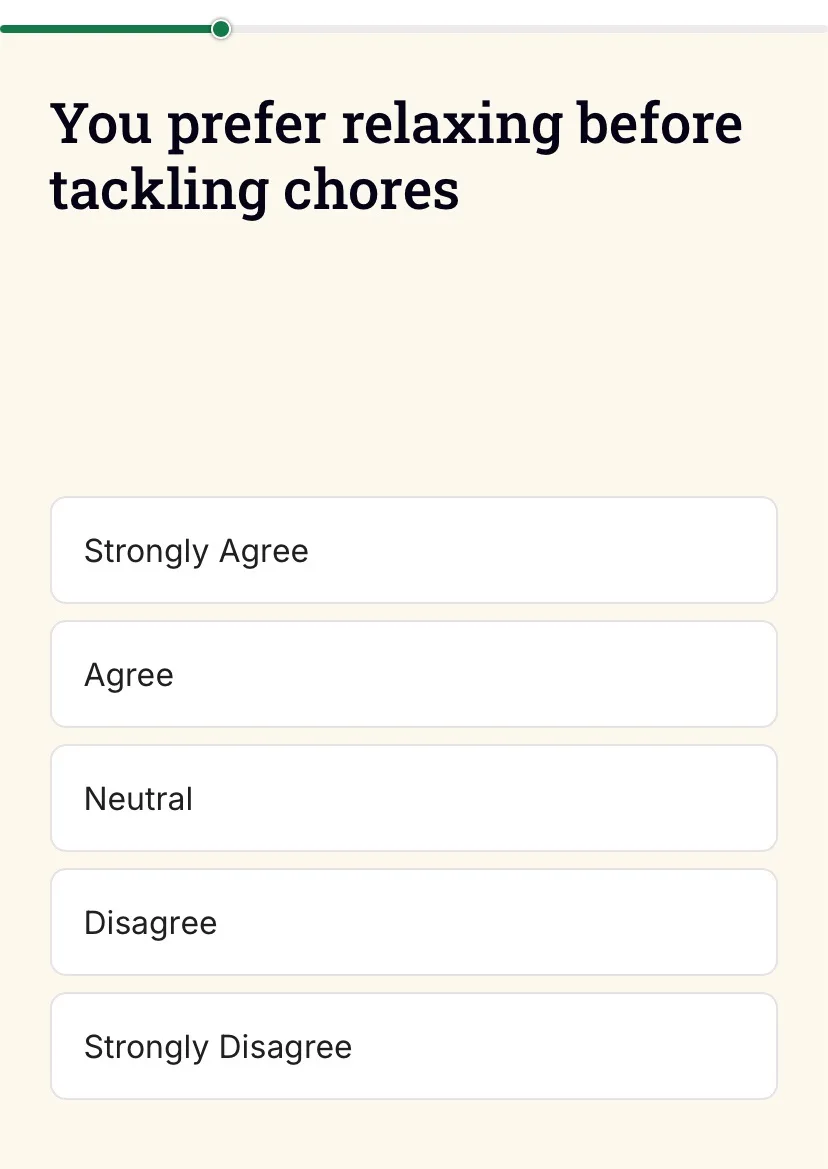 An image of a survey question asking 'You prefer relaxing before tackling chores' with five response options: Strongly…