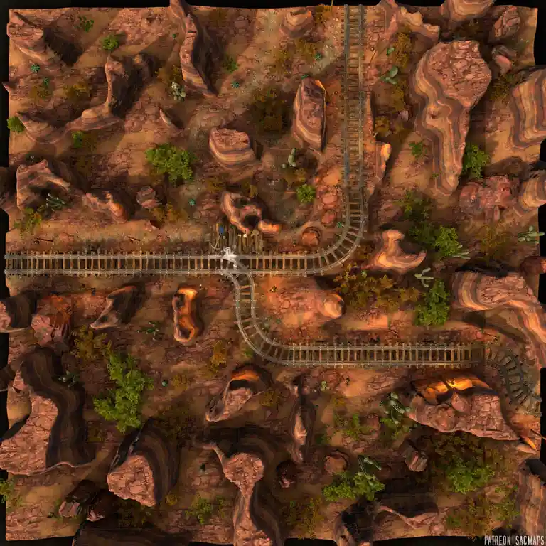 An overhead view of a desert map with winding train tracks, rocky terrain, cacti, and trees. A small train is positioned at…