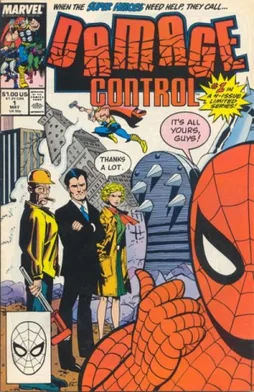 A comic book cover for 'Damage Control' shows Spider-Man in the foreground, with three people in yellow hazmat suits and one…