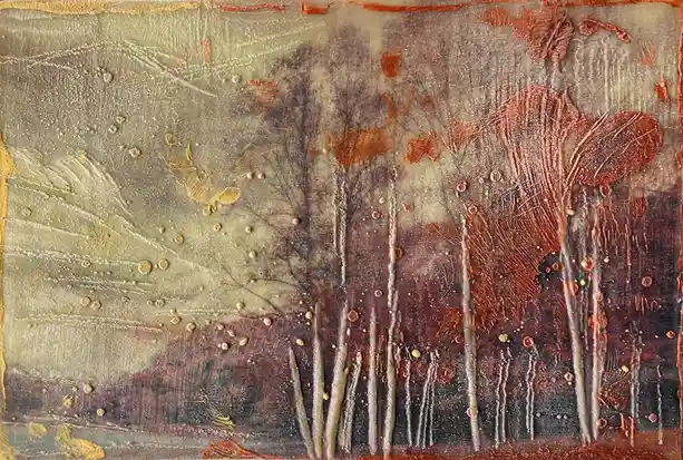 An abstract textured painting depicts a forest scene with tall, thin tree trunks and stylized foliage in earthy tones of…