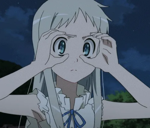 An anime girl with silver hair and blue eyes is shown in four panels, progressively widening her eyes and opening her mouth…