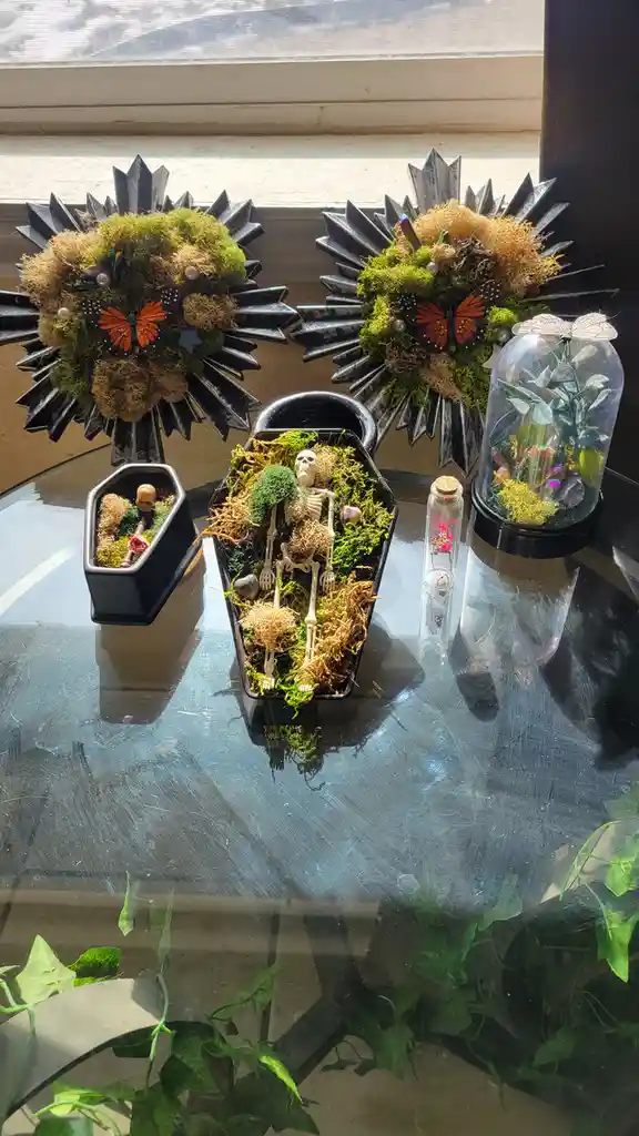 A glass table holds several decorative items including two black spiked sunflower-like arrangements with moss and…