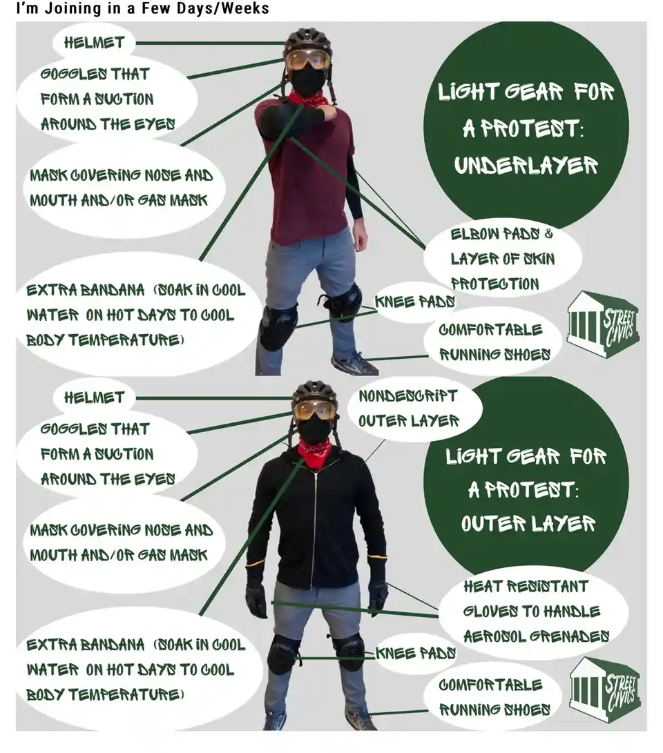 The image displays two identical figures, each labeled with gear for a protest. The top figure is labeled 'Underlayer' and…