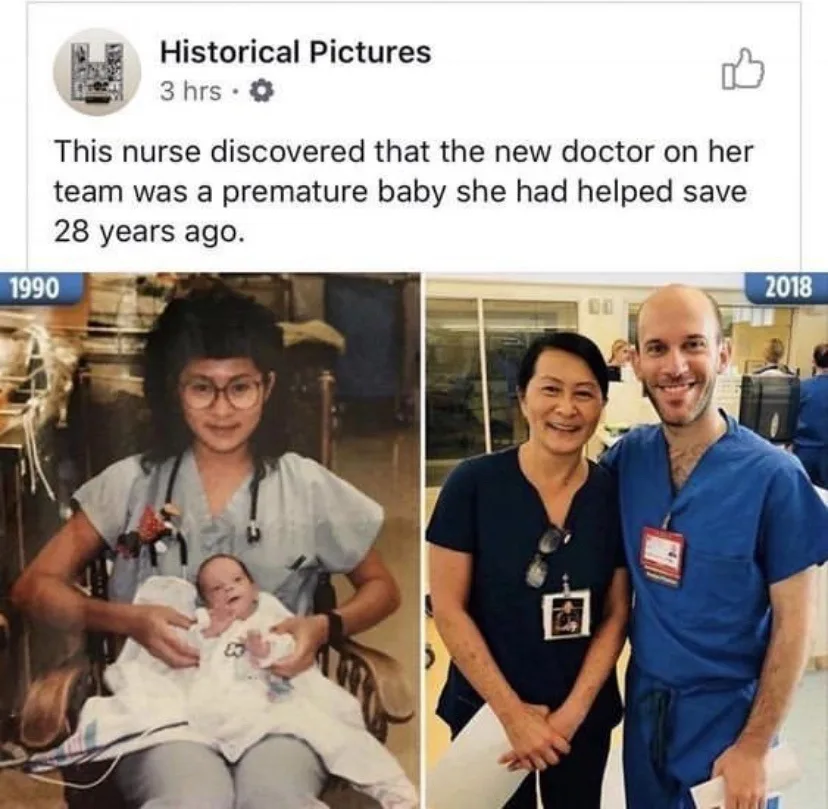 The image is a side-by-side comparison of two photos: on the left, a young nurse in 1990 holding a premature baby wrapped in…