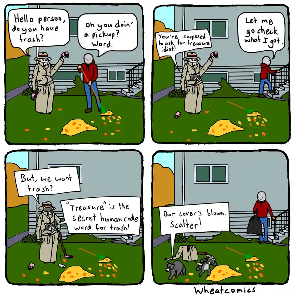 A four-panel comic shows raccoons in trench coats and hats pretending to be humans, asking for 'treasure' (which is actually…