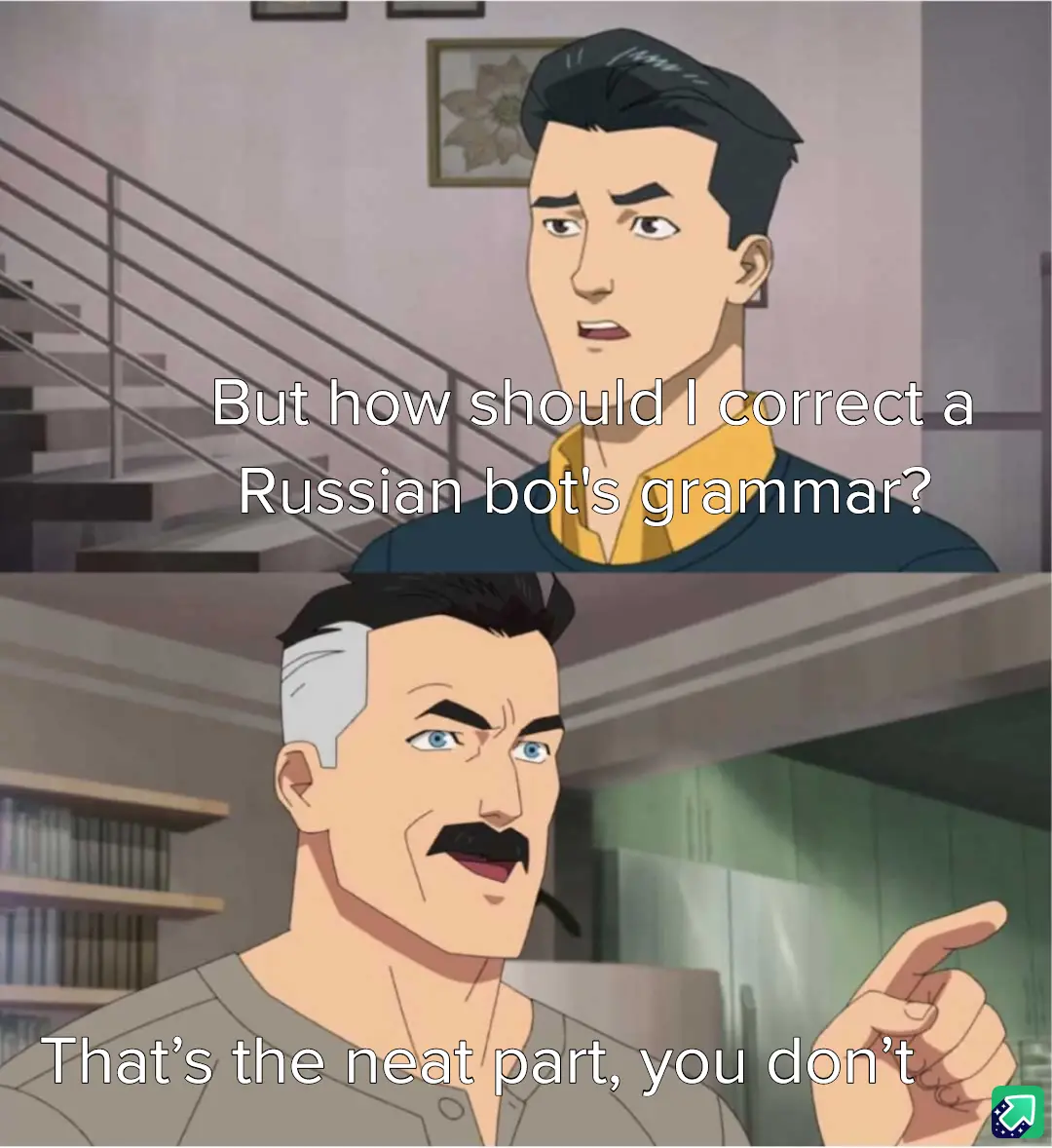 The top panel shows a young man with a confused expression asking, 'But how should I correct a Russian bot's grammar?' The…