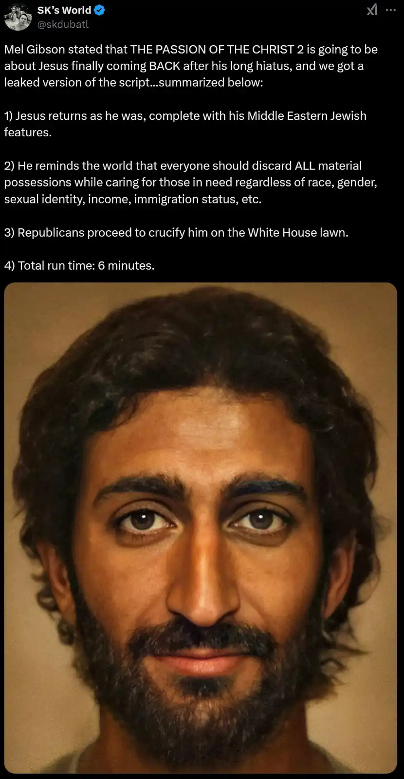The image shows a close-up of a man with dark, curly hair, a beard, and a neutral expression. Overlaid text humorously…