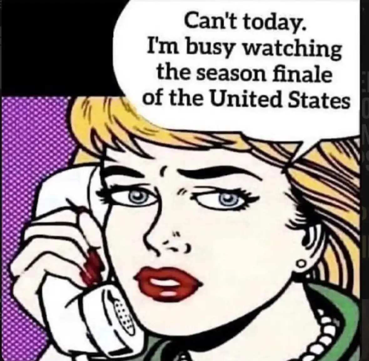 A pop art style illustration of a blonde woman holding a vintage telephone receiver to her ear, with a speech bubble above…