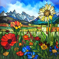 A vibrant stained-glass style image depicts a field of colorful flowers including red poppies, blue cornflowers, and a large…