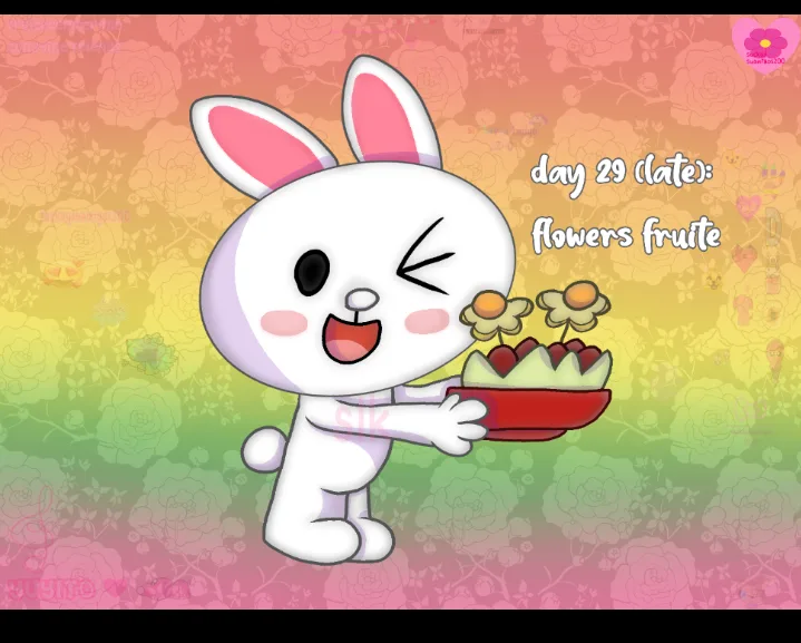 A cartoon white rabbit with pink inner ears and cheeks winks while holding a red tray with stylized flowers and fruit. The…