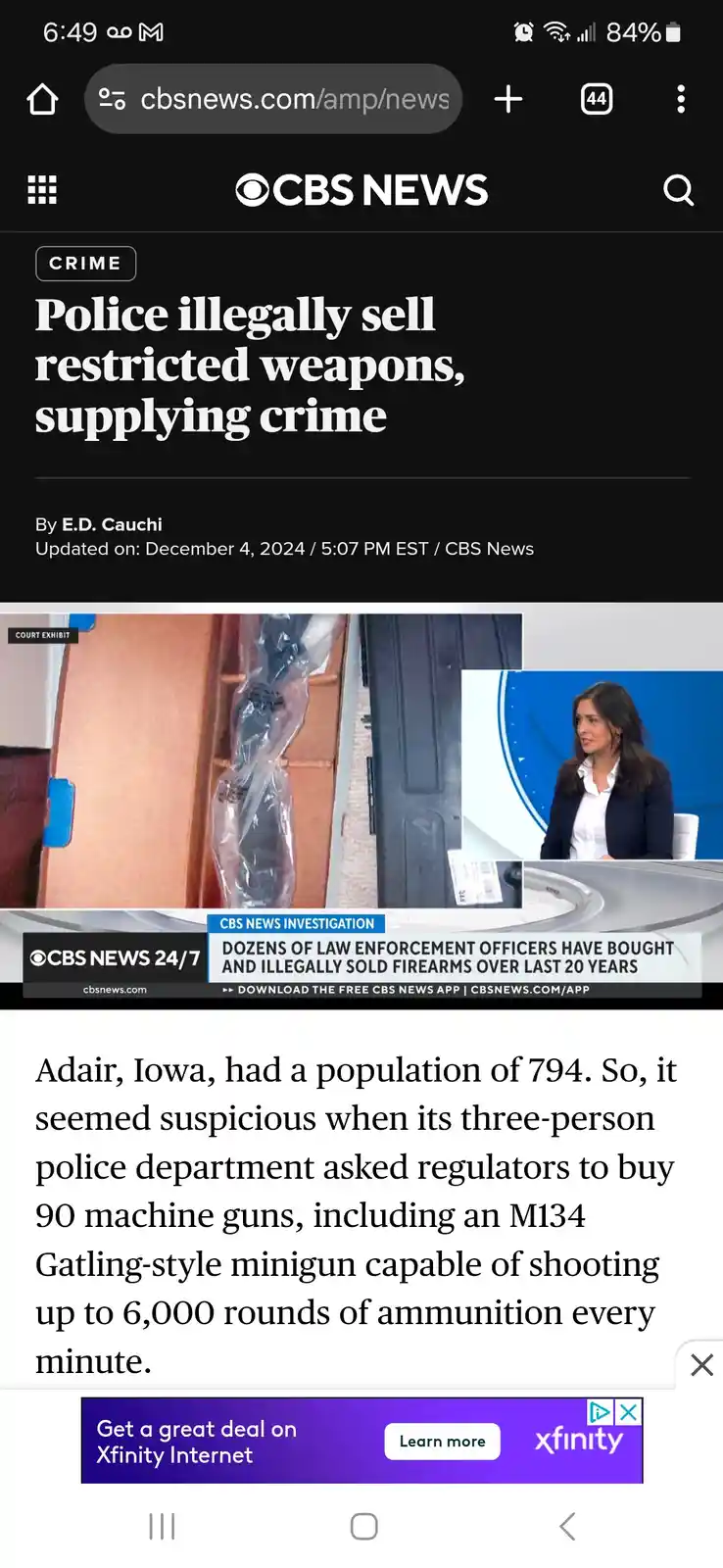 A screenshot of a CBS News article titled 'Police illegally sell restricted weapons, supplying crime' shows a news anchor…