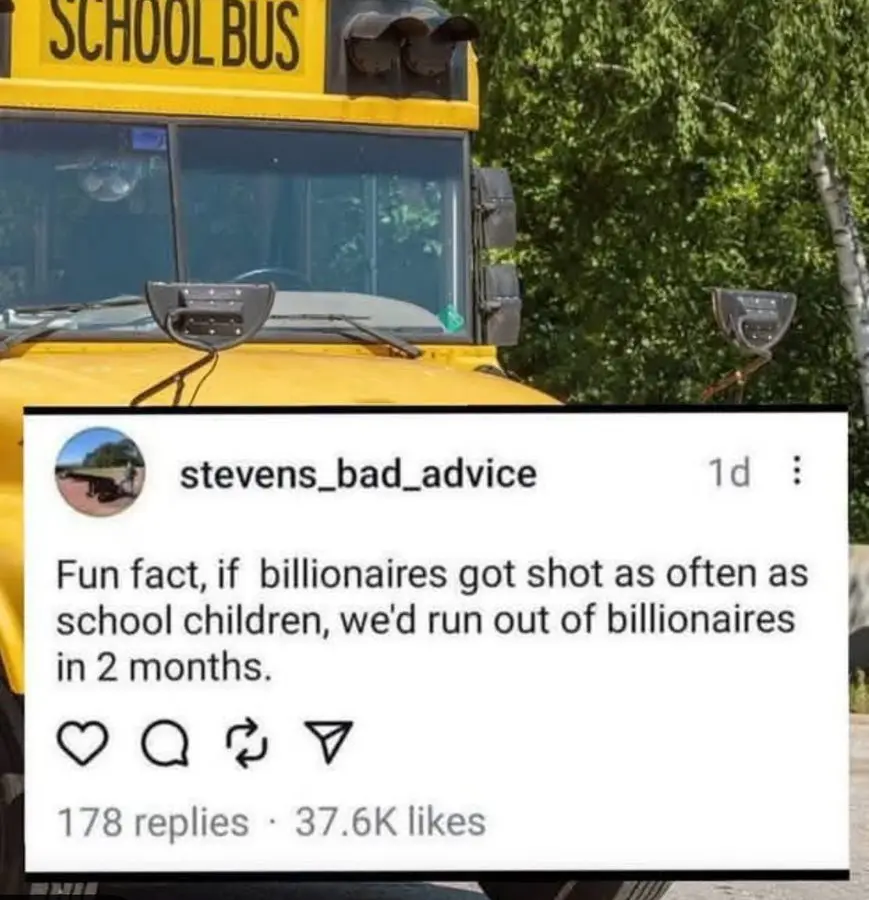 A yellow school bus is pictured with a screenshot of an Instagram post overlaid. The post, from user 'stevens_bad_advice'…