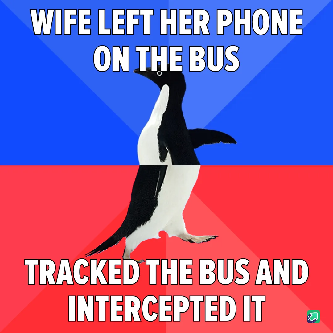 A penguin stands centered against a blue and red background, with bold white text at the top reading 'WIFE LEFT HER PHONE ON…