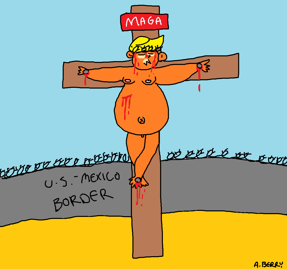 A crudely drawn cartoon depicts a figure resembling Donald Trump, with blonde hair and a large belly, nailed to a wooden…