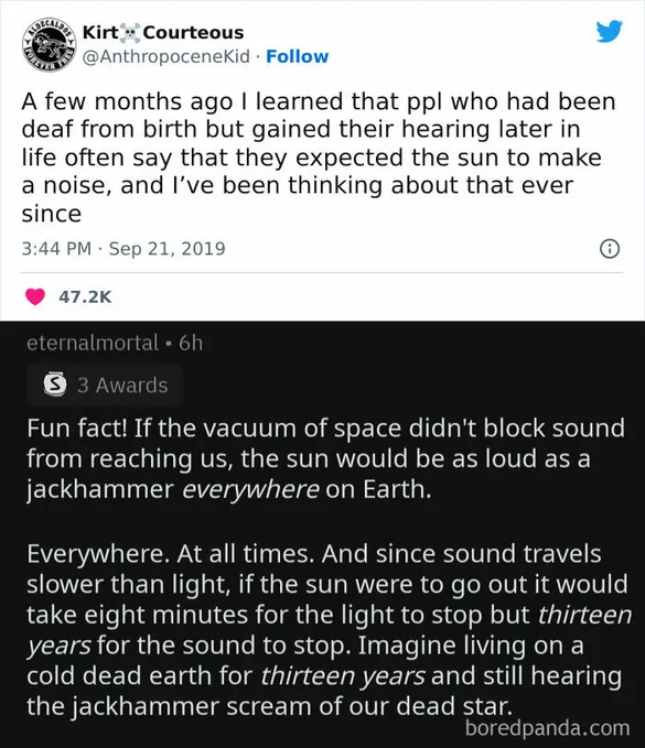 A screenshot of a Twitter thread where the top tweet discusses how people who gained hearing later often expected the sun to…