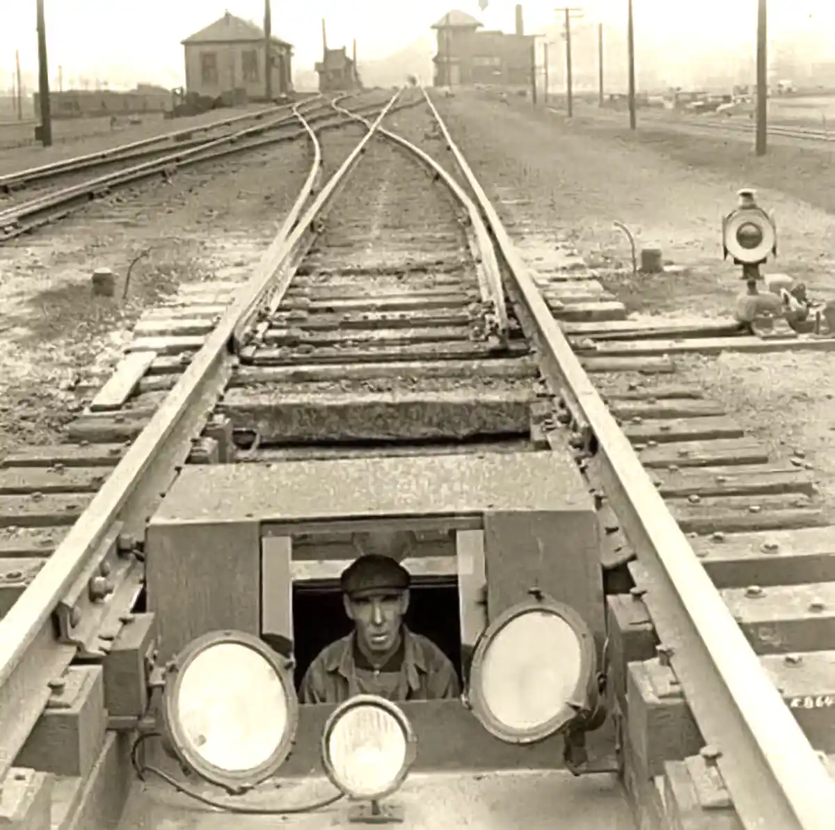 A sepia-toned historical photograph shows a man in a cap looking out from the front window of a train engine, with multiple…