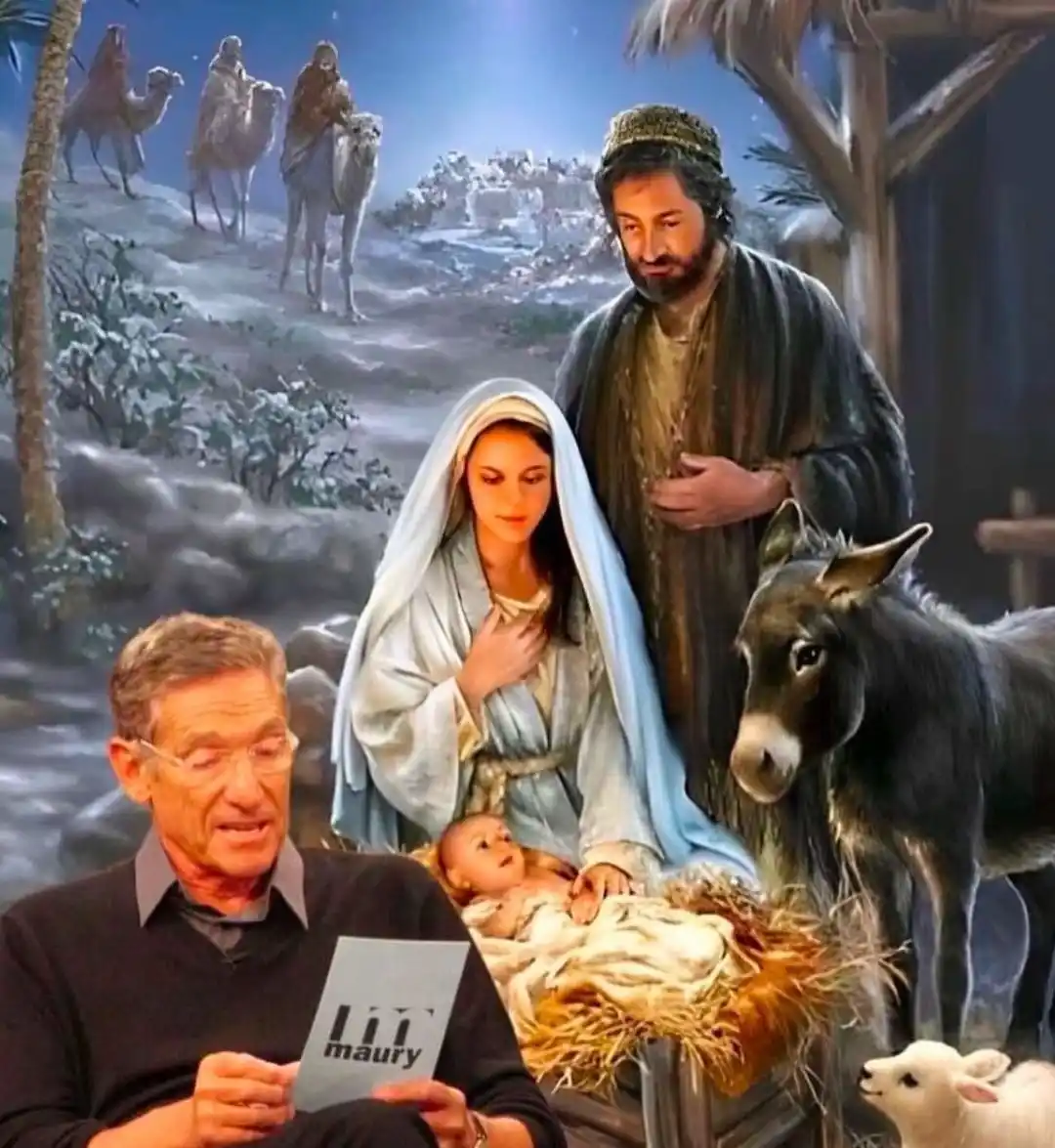 A composite image shows a traditional nativity scene with Mary, Joseph, baby Jesus in a manger, a donkey, and three wise men…
