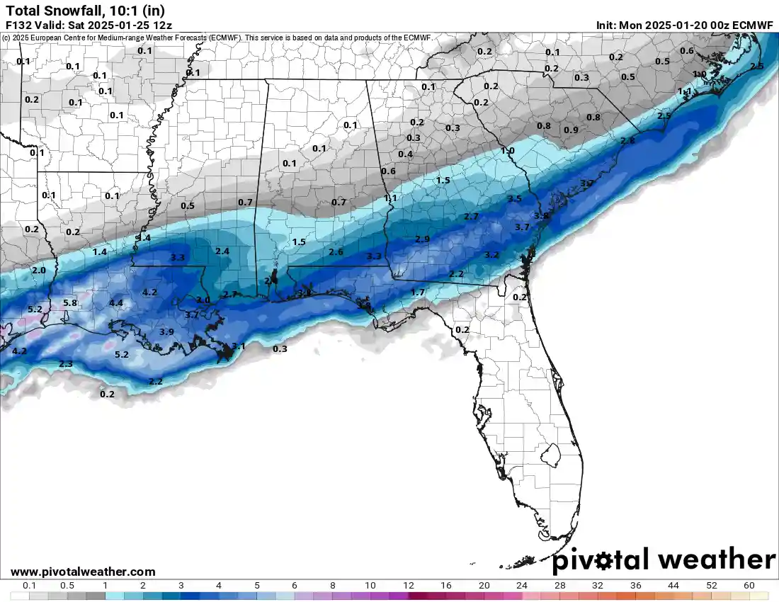 A weather map from Pivotal Weather shows a forecast for total snowfall across the southeastern United States, with numbers…