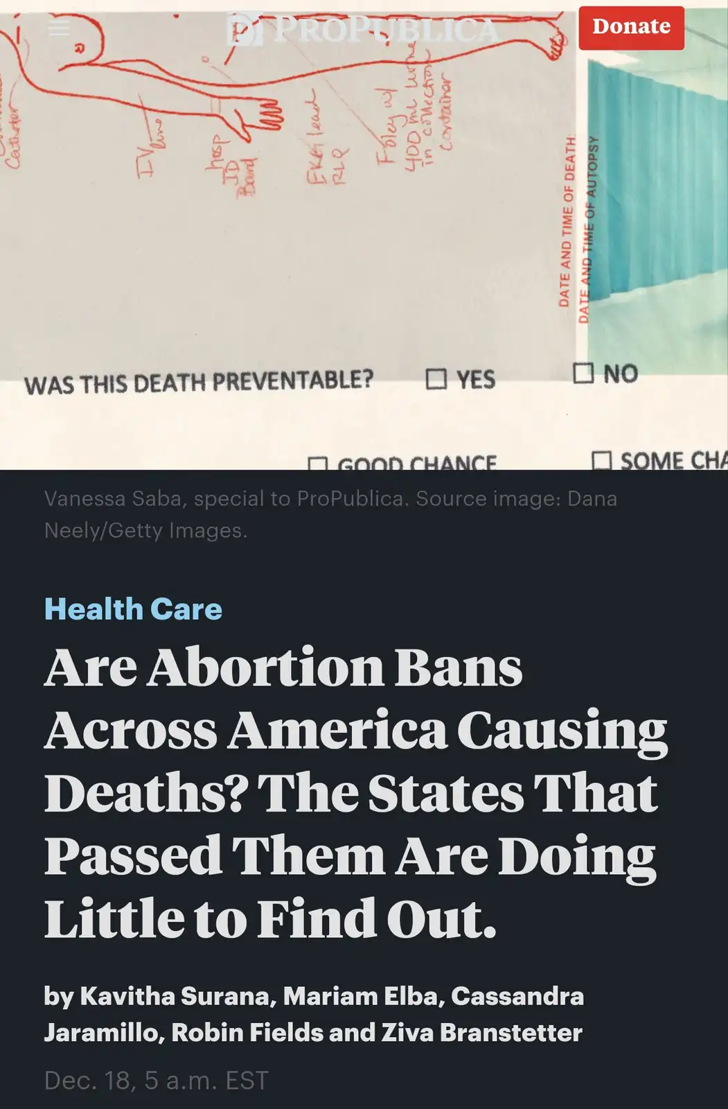 The image shows a ProPublica article headline about abortion bans and deaths, overlaid on a medical form with a red-drawn…