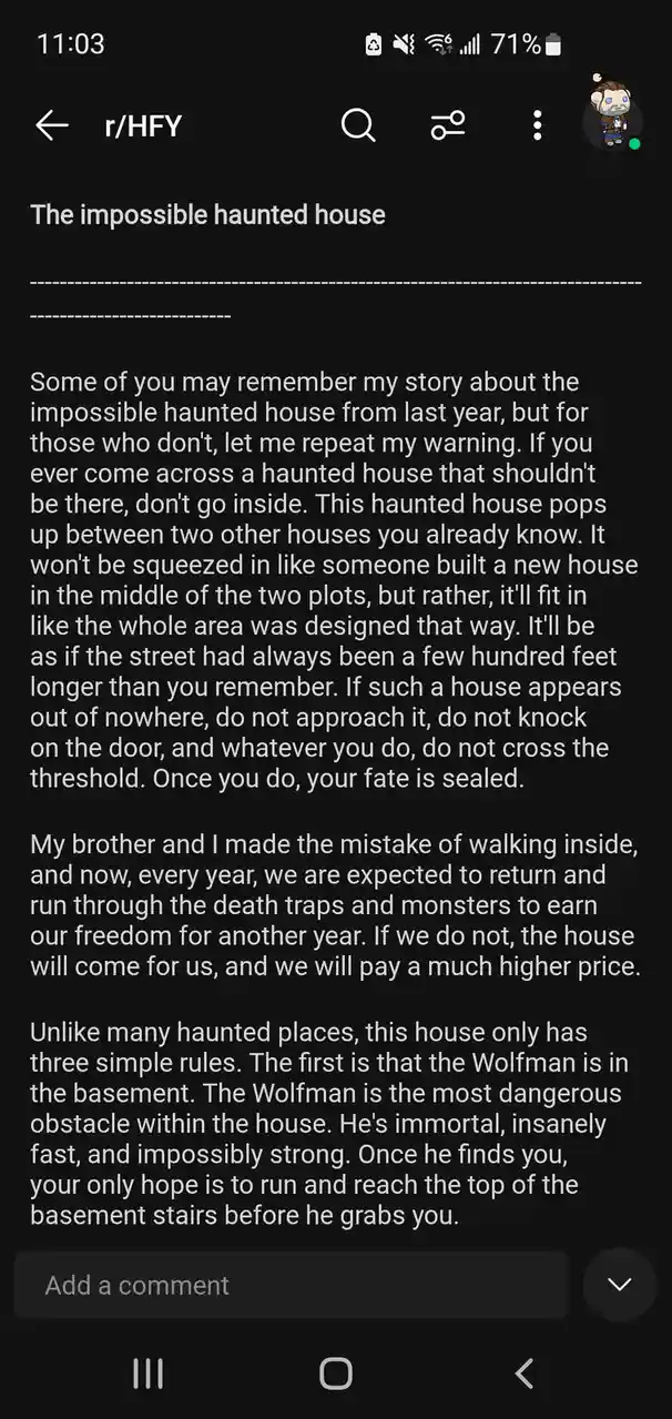 A screenshot of a Reddit post from r/HFY titled 'The impossible haunted house,' which describes a fictional haunted house…