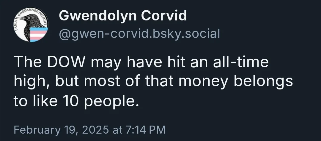 A screenshot of a social media post by user Gwendolyn Corvid, featuring a dark background, white text, and a circular…