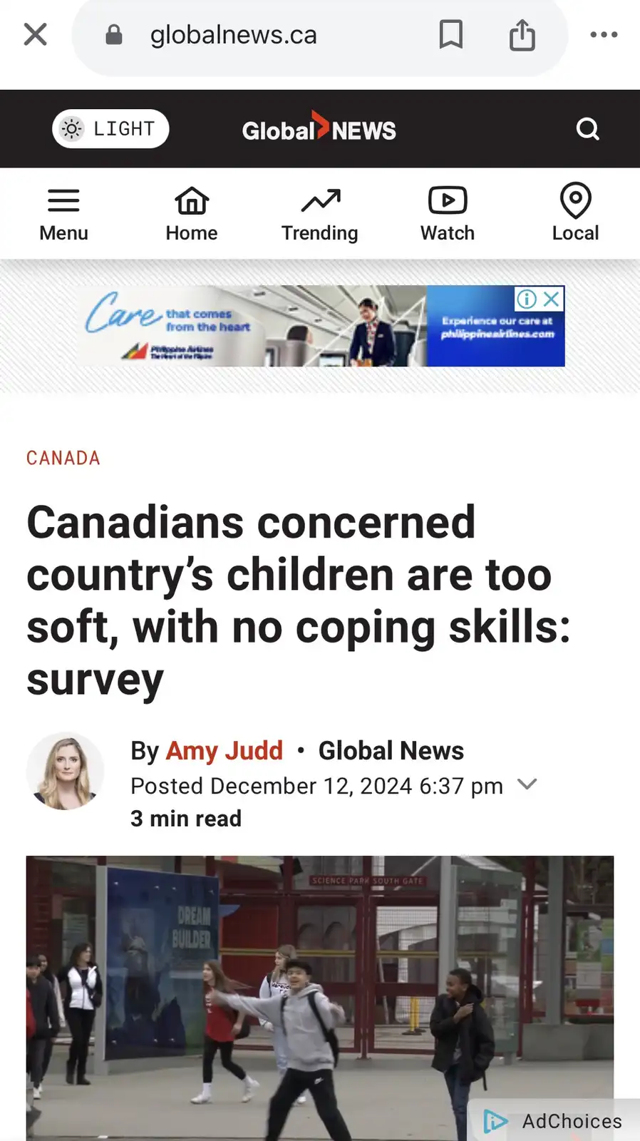 A screenshot of a Global News article titled 'Canadians concerned country's children are too soft, with no coping skills…