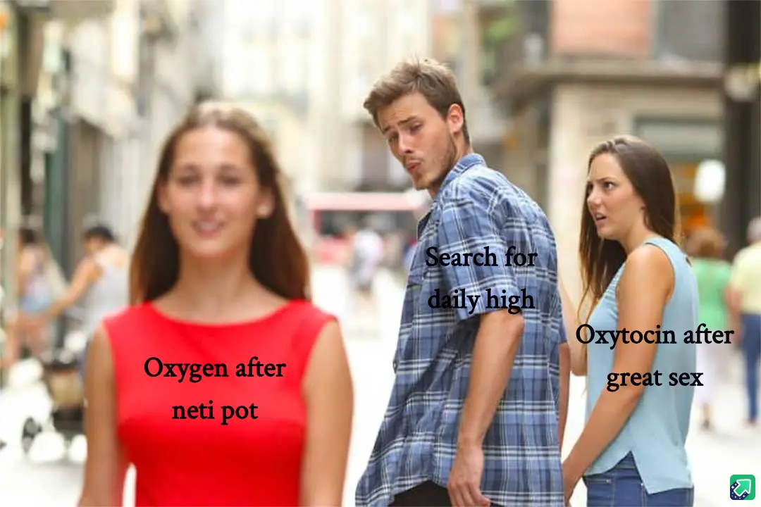 A man in a plaid shirt turns his head to look at a woman in a red dress labeled 'Oxygen after neti pot' while ignoring a…