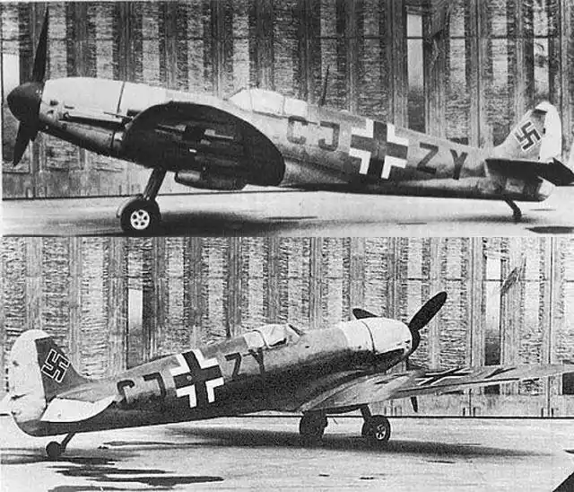 A black-and-white composite image shows a German World War II fighter plane, likely a Messerschmitt Bf 109, in two different…