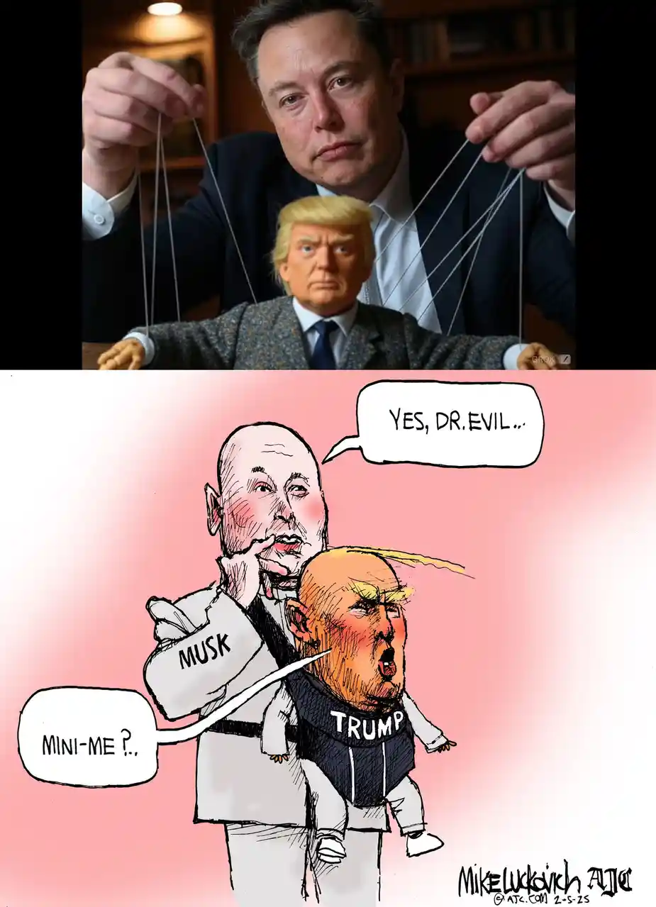 The top panel shows Elon Musk holding strings attached to a puppet resembling Donald Trump. The bottom panel is a cartoon of…