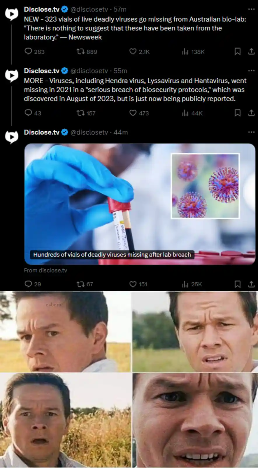 A four-panel image shows actor Mark Wahlberg with progressively more horrified facial expressions, reacting to a news report…