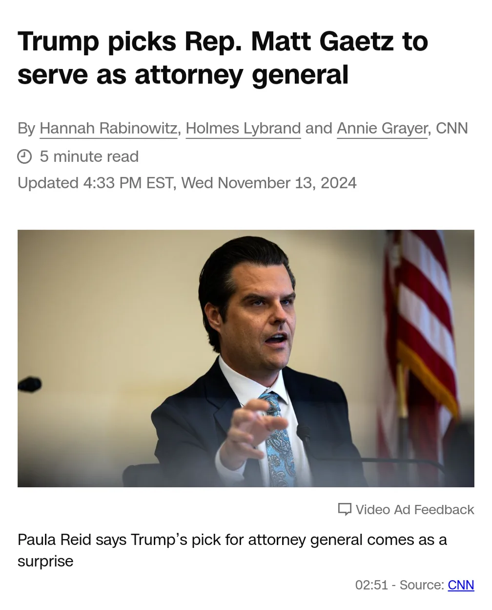 A screenshot of a CNN news article from November 13, 2024, shows a photo of Rep. Matt Gaetz speaking at a podium with an…