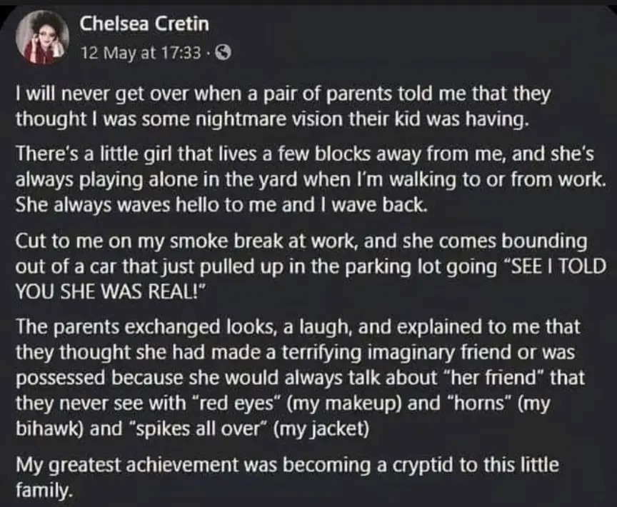 A screenshot of a Facebook post by Chelsea Cretin dated May 12, showing a dark-themed interface with white text. The post…