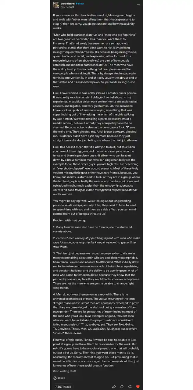 A screenshot of a long-form social media post by user 'dukeofankh' dated November 11, 2024, discussing the complexities of…