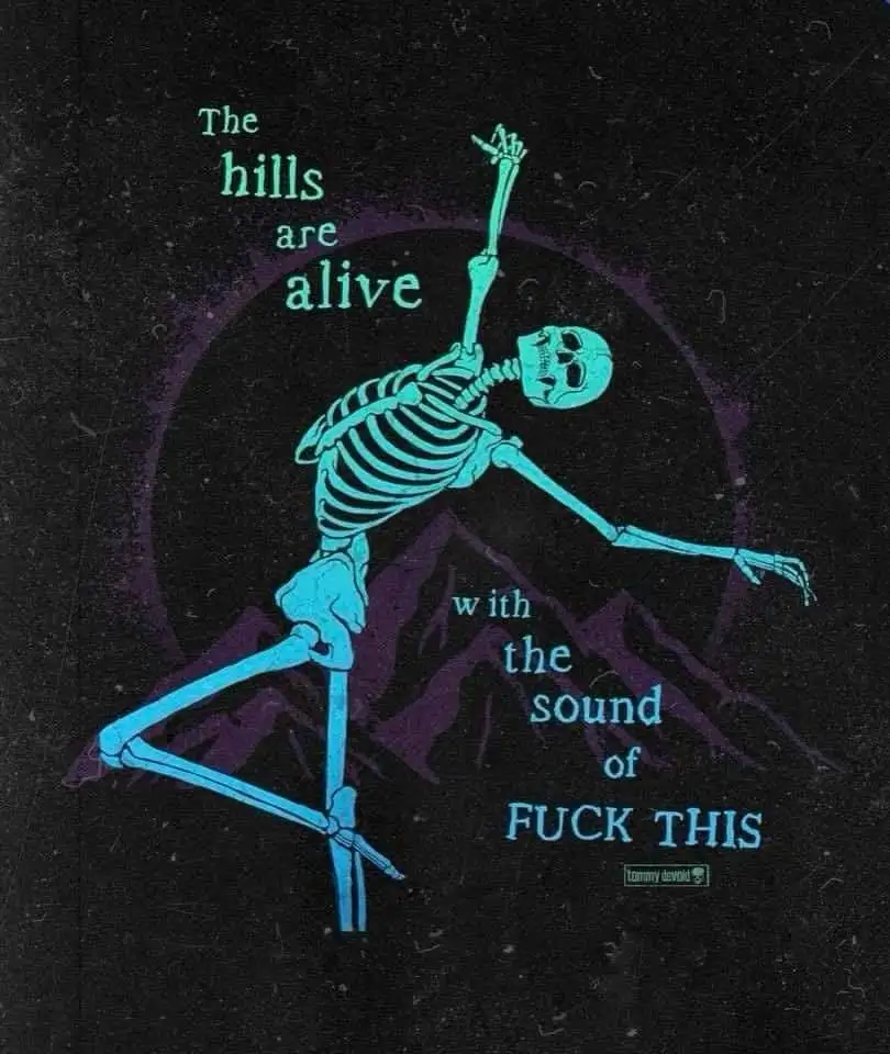 A cyan skeleton dances energetically against a dark background with purple mountain silhouettes. Text in matching cyan reads…