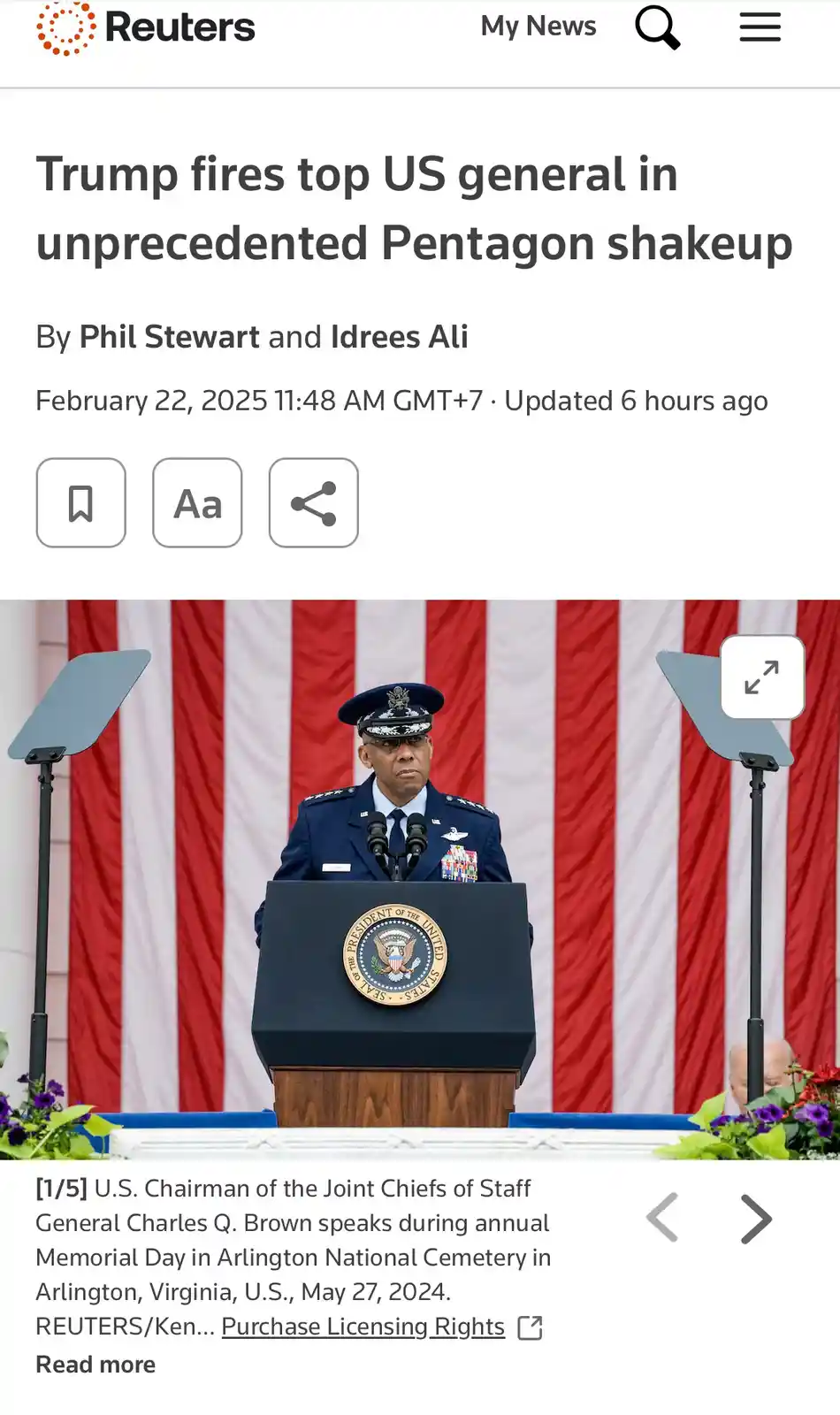 A screenshot of a Reuters news article with a headline about Trump firing a top US general, overlaid on a photo of General…