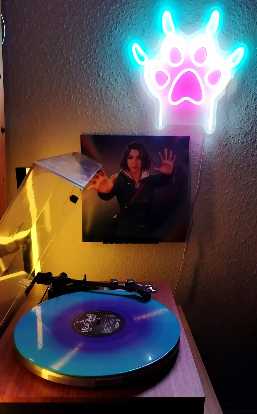 A vinyl record player with a blue and purple gradient record spins on a wooden table, with a clear lid open. Behind it, a…
