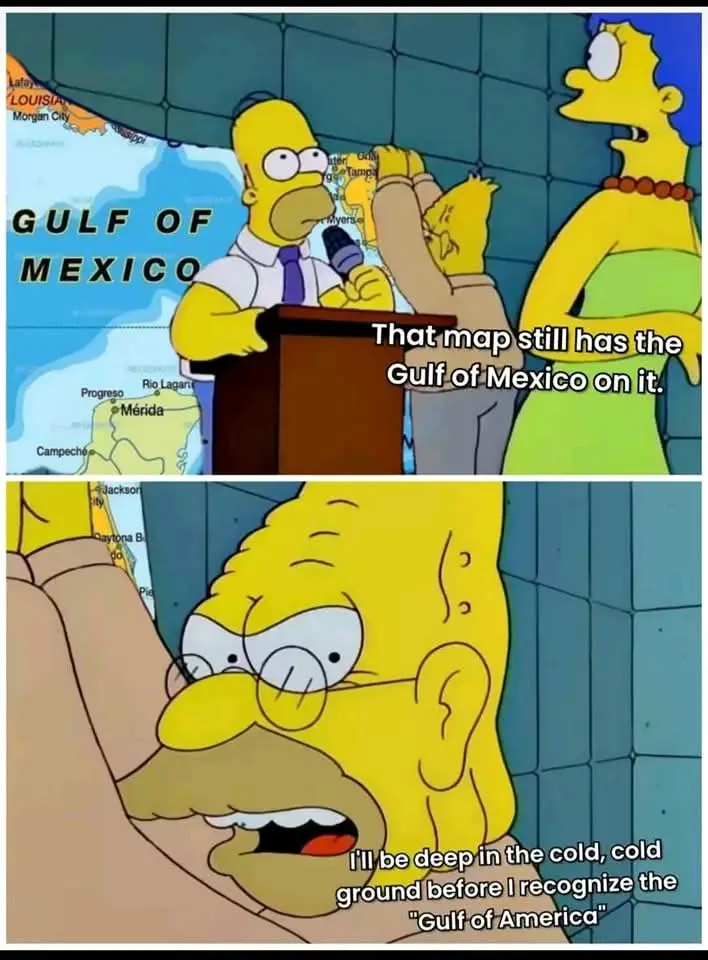 The top panel shows Homer Simpson at a podium in front of a map labeled 'Gulf of Mexico,' with Marge and a man behind him…
