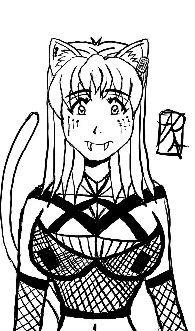 A black-and-white line drawing of an anime-style girl with cat ears, a tail, fangs, and a fishnet outfit, looking surprised…