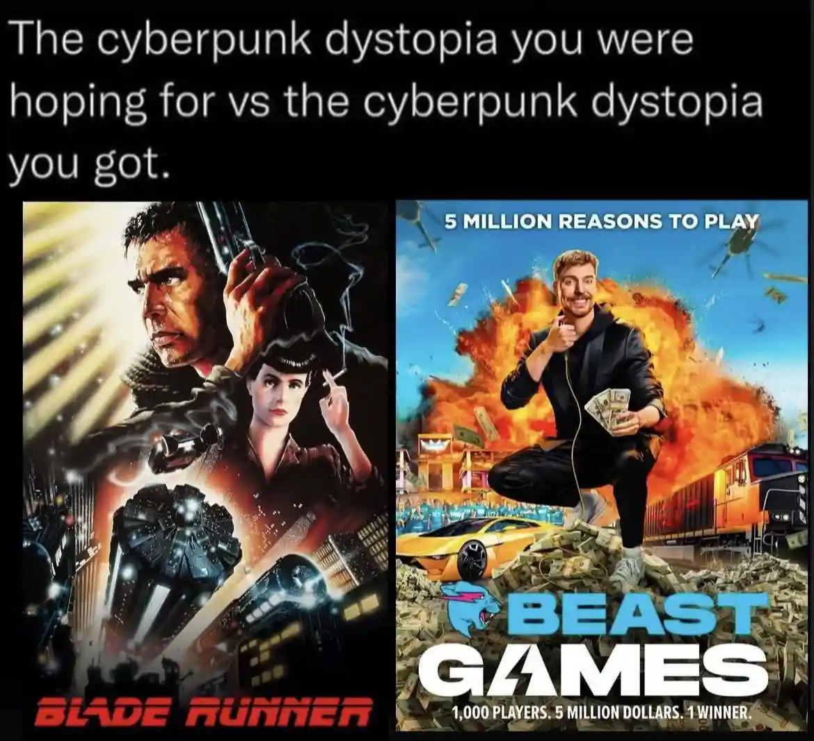 The image displays two side-by-side movie posters. The left poster is for 'Blade Runner,' showing a gritty, dark, neon-lit…