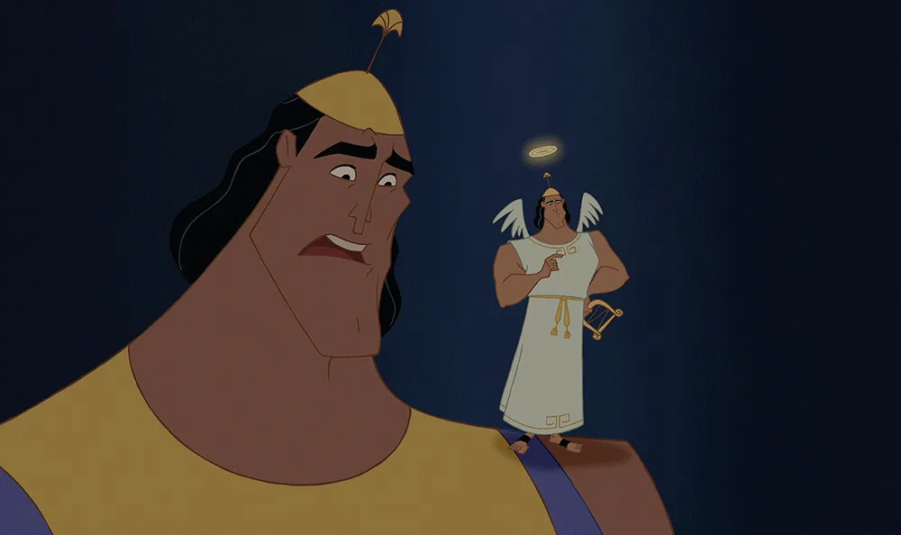 A meme strip featuring two animated characters: a large, muscular man with a gold headband and a small, angelic figure with…