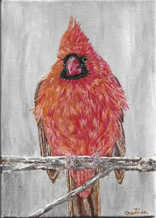 A painted red cardinal bird with a black face and crest perches on a snowy branch against a textured gray background. The…