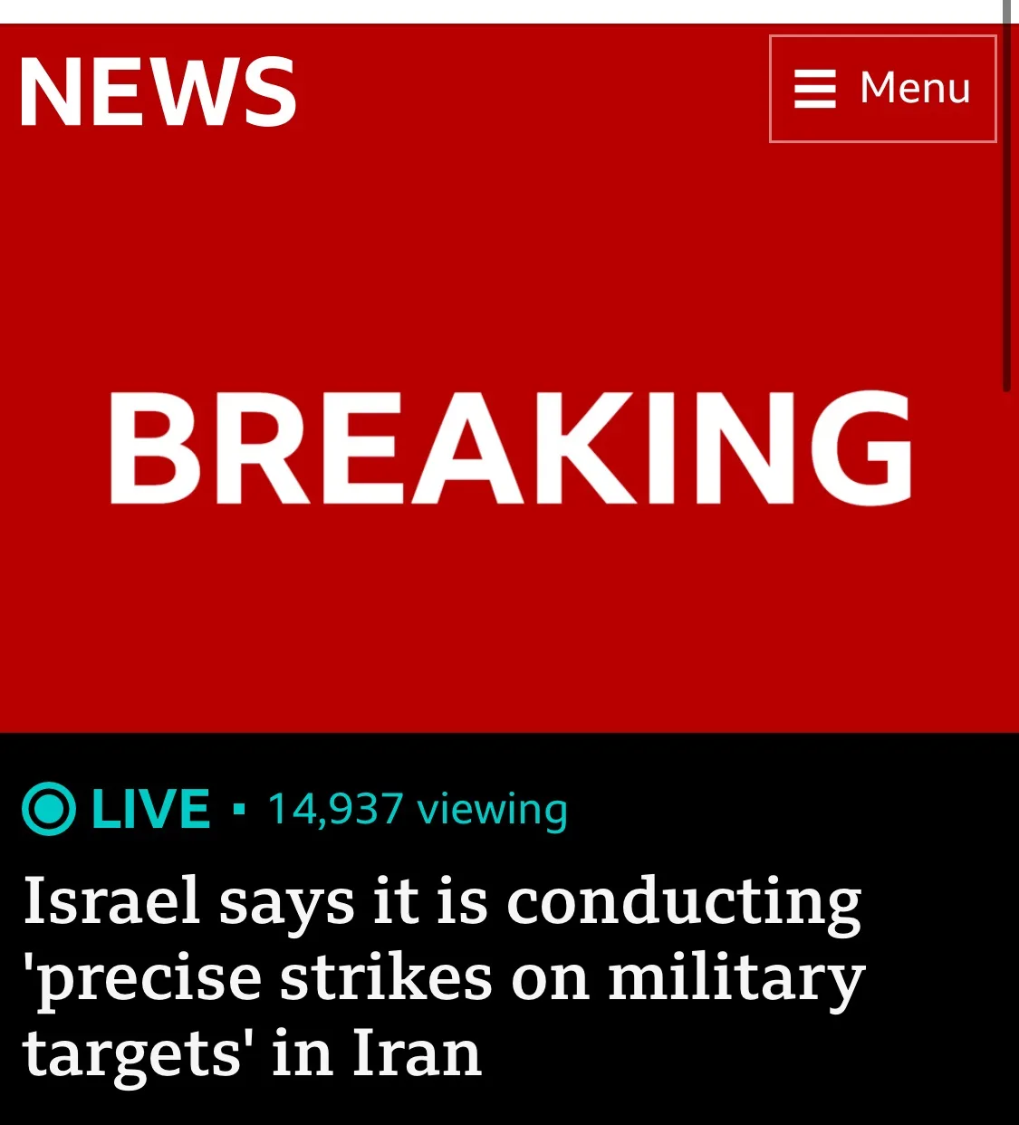 A screenshot of a news app interface with a red header showing 'NEWS' and a 'Menu' button. The word 'BREAKING' is…