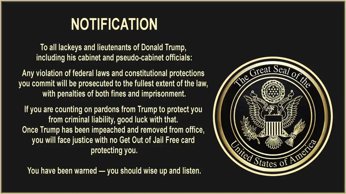 A black-and-gold image styled like an official government notification, featuring the Great Seal of the United States on the…