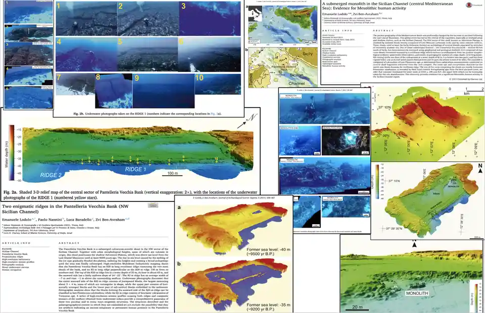 This image is a collage of scientific papers and maps from a 2015 archaeological study about a submerged monolith in the…