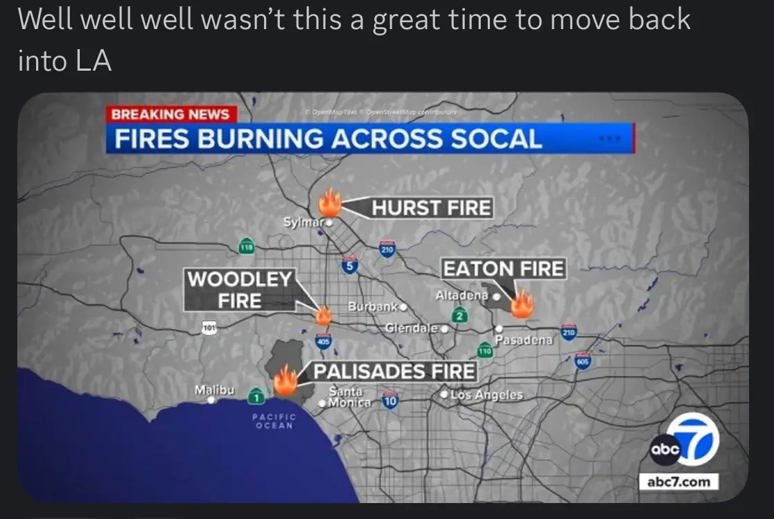 A news map graphic showing multiple wildfires burning across Southern California, labeled as the Hurst Fire, Eaton Fire…