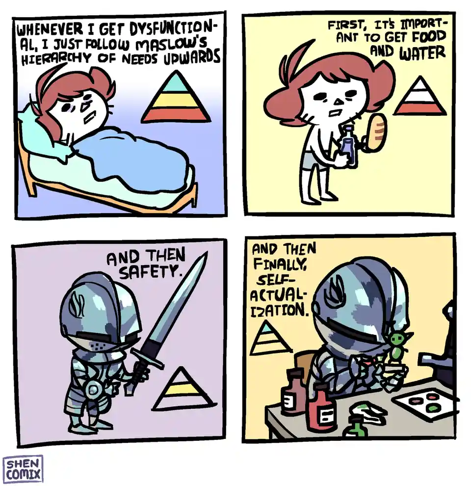 A four-panel comic shows a person going through Maslow's hierarchy of needs in reverse order. In the first panel, they're in…