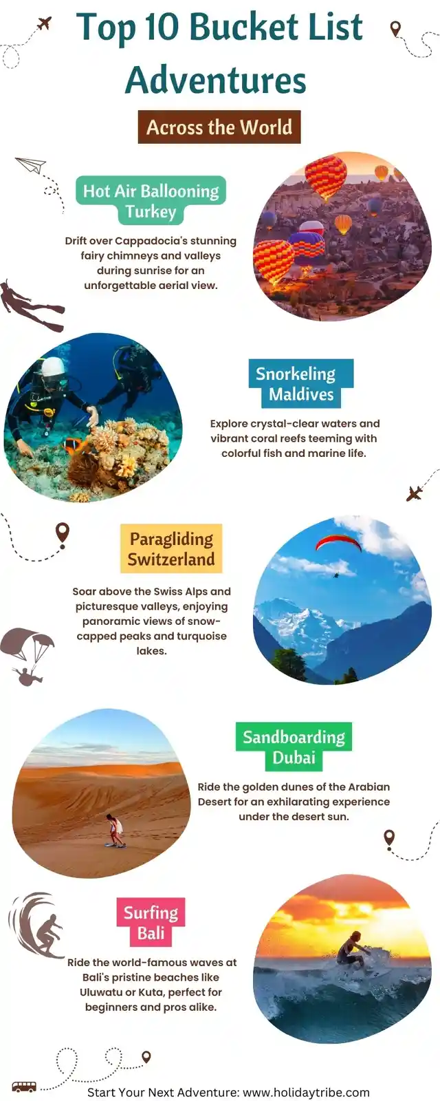 An infographic titled 'Top 10 Bucket List Adventures Across the World' displays six adventure activities with images and…