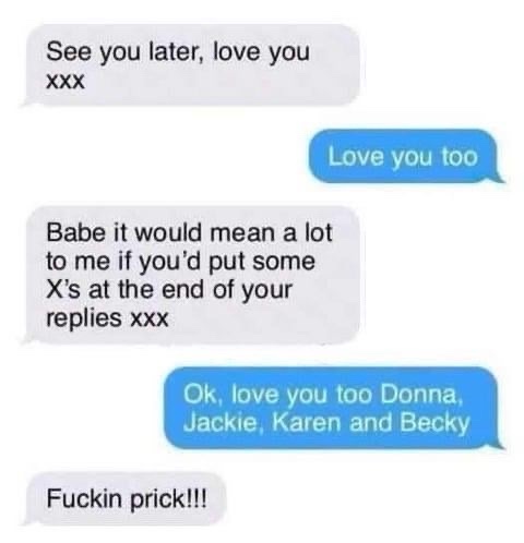 A screenshot of a text message conversation where one person asks their partner to add 'X's to their replies, and the…
